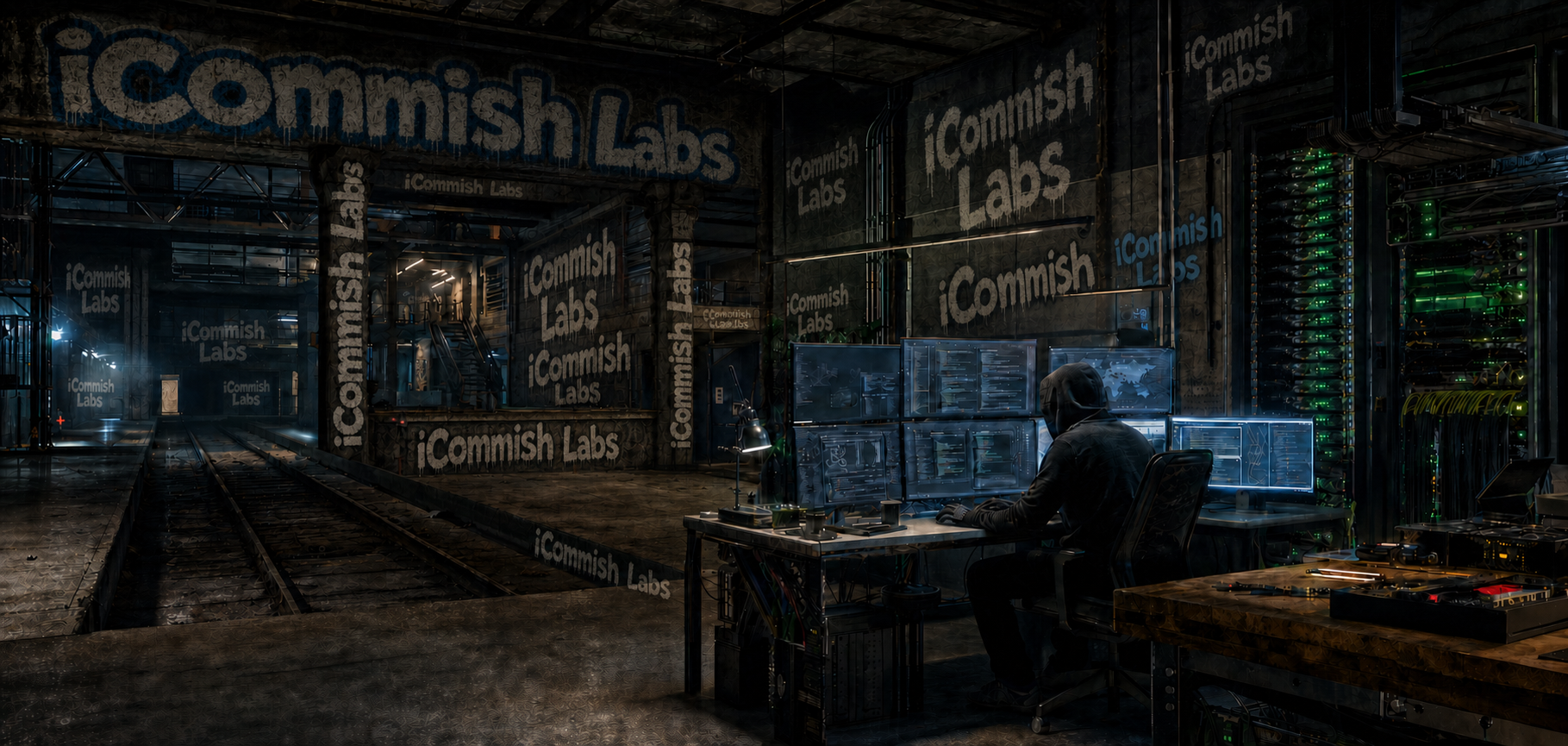 Abandoned industrial train station converted into a private cyber operations center with server racks, monitors, networking gear, blue green lighting, and iCommish Labs graffiti across the walls and columns.